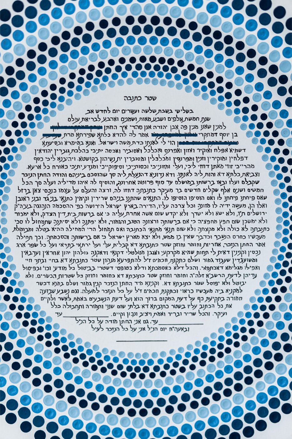 Close-up of the blue-dots ketubah calligraphy and dot ornament